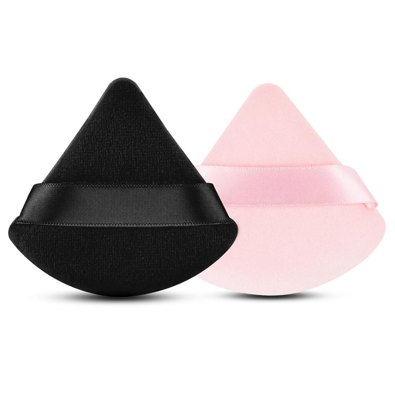 EVAOUXIU 2 Pcs Triangle Powder Puff for Face Powder, Soft Plush Setting Powder Puff, Velour Cosmetic Foundation Blender Sponge Beauty Makeup Tools (Black&Pink) - Image 1